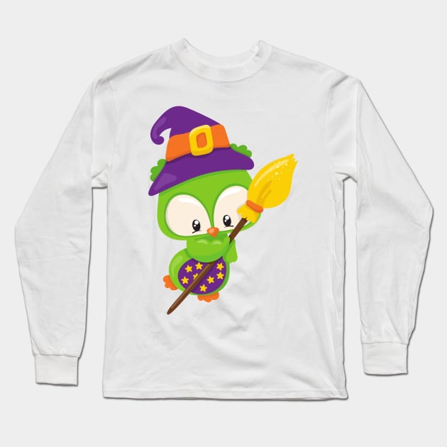 Halloween Owl, Cute Owl, Green Owl, Witch Broom Long Sleeve T-Shirt by Jelena Dunčević